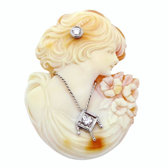 Beautiful Vintage 14K White Gold Carved Shell Cameo Brooch Pin with Diamonds - Picture 6 of 6
